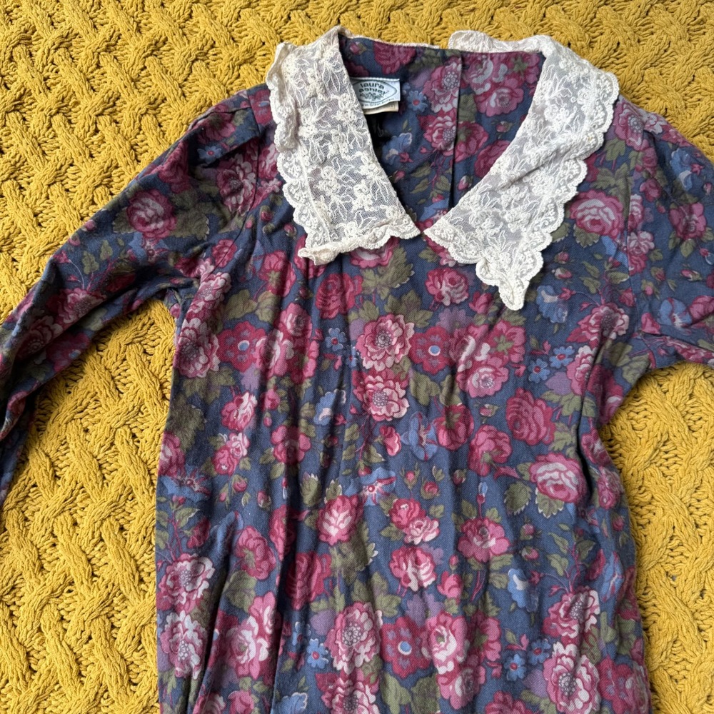 Vintage Laura Ashley Dress 90s Floral Lace Collar Cotton Wool Great Britain 8